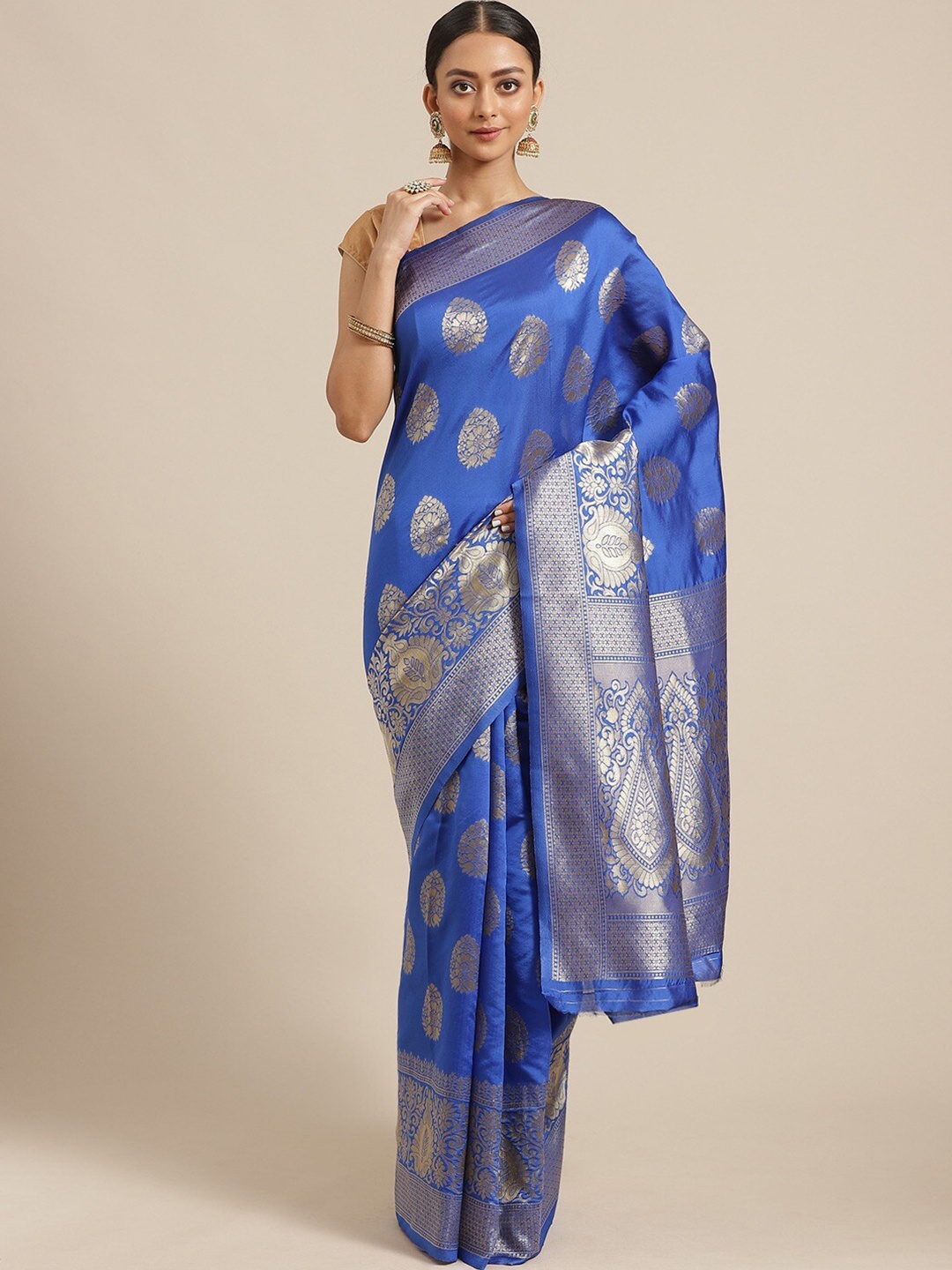 

KALINI Blue & Gold-Toned Ethnic Motifs Zari Silk Blend Saree