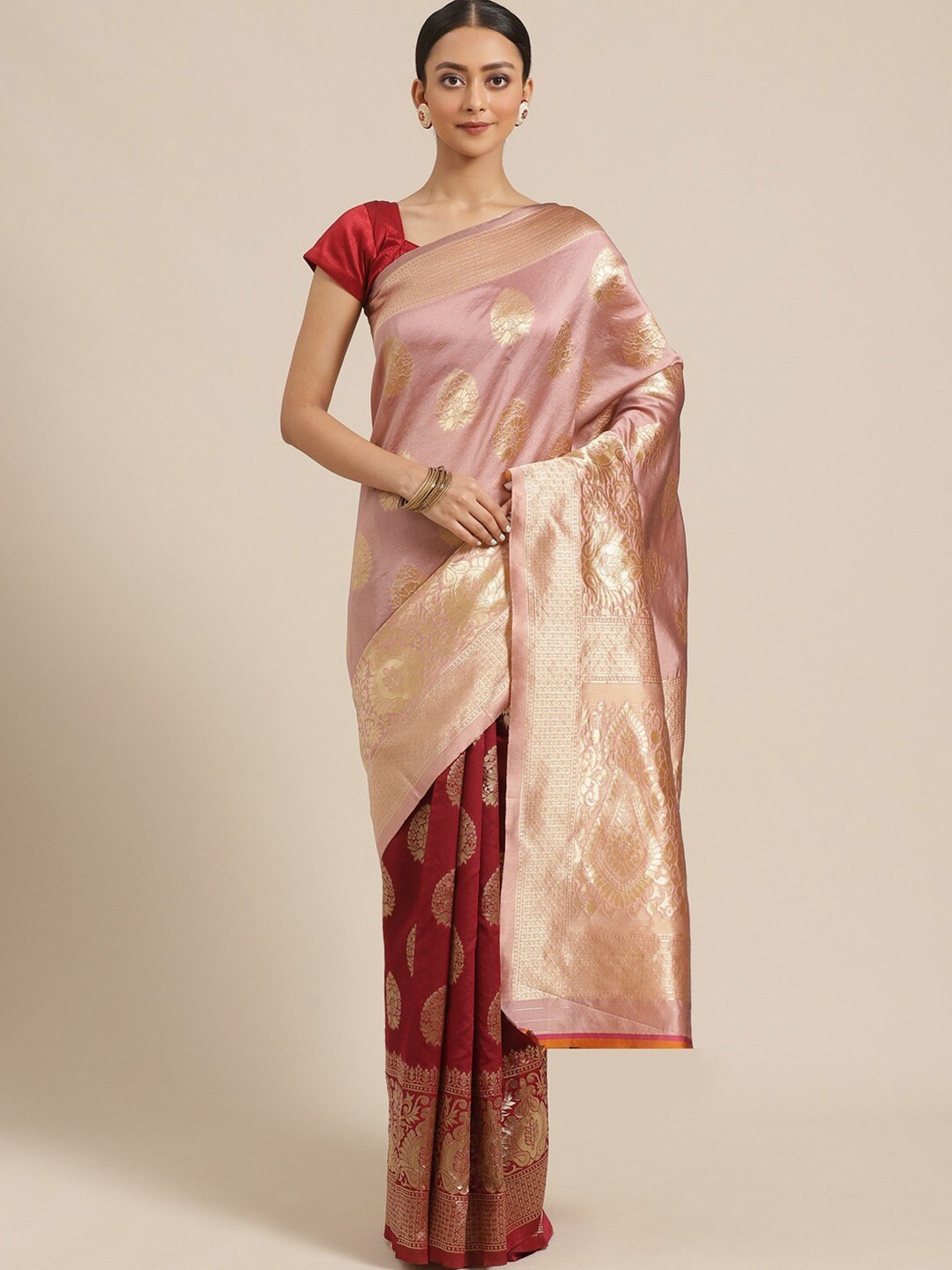 

KALINI Maroon & Peach-Coloured Ethnic Motifs Zari Silk Blend Heavy Work Saree