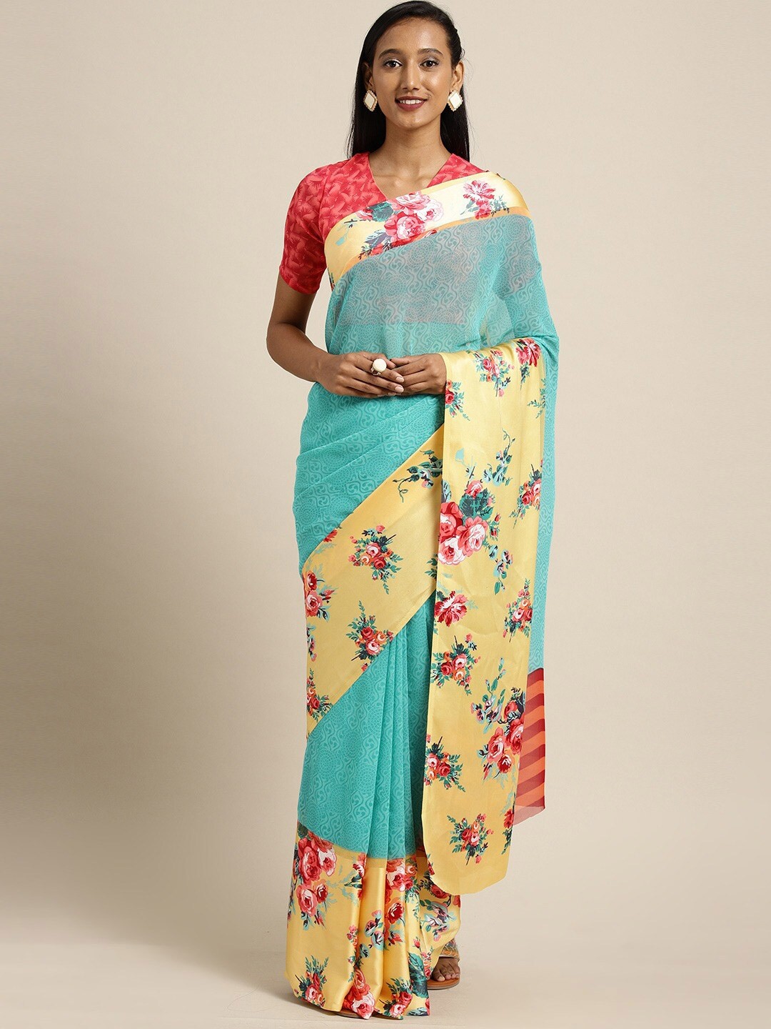 

KALINI Turquoise Blue & Yellow Floral Printed Satin Saree