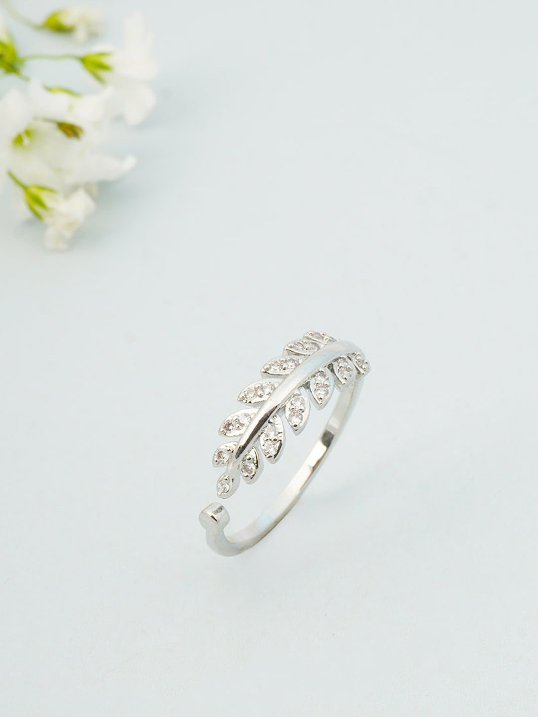 

Ferosh Silver-Toned & White Stone-Studded Adjustable Finger Ring