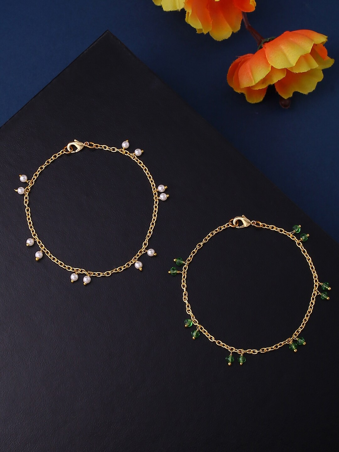 

kashwini Women Set of 2 Gold-Toned & Green Brass Gold-Plated Charm Bracelets