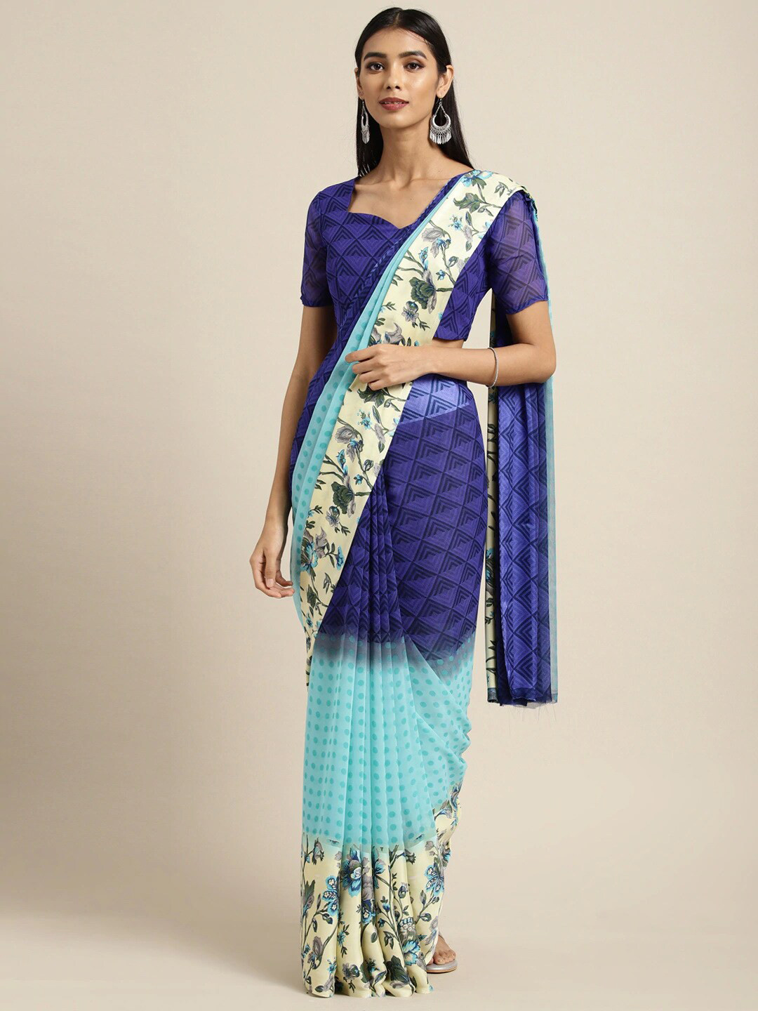 

KALINI Blue & Beige Floral Satin Saree