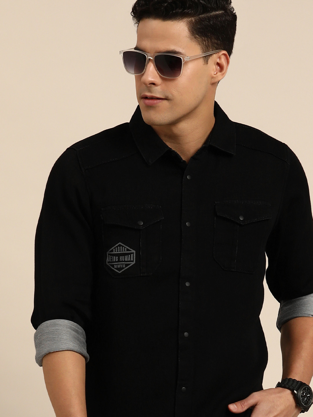 

Being Human Men Standard Slim Fit Printed Pure Cotton Casual Shirt, Black