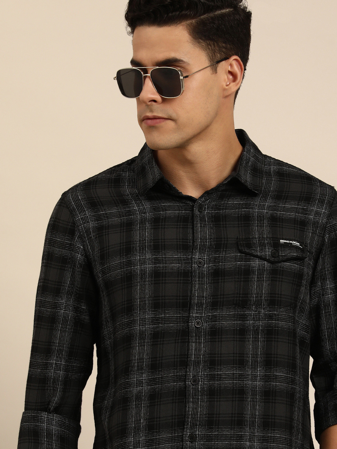 

Being Human Men Standard Slim Fit Checked Pure Cotton Casual Shirt, Black