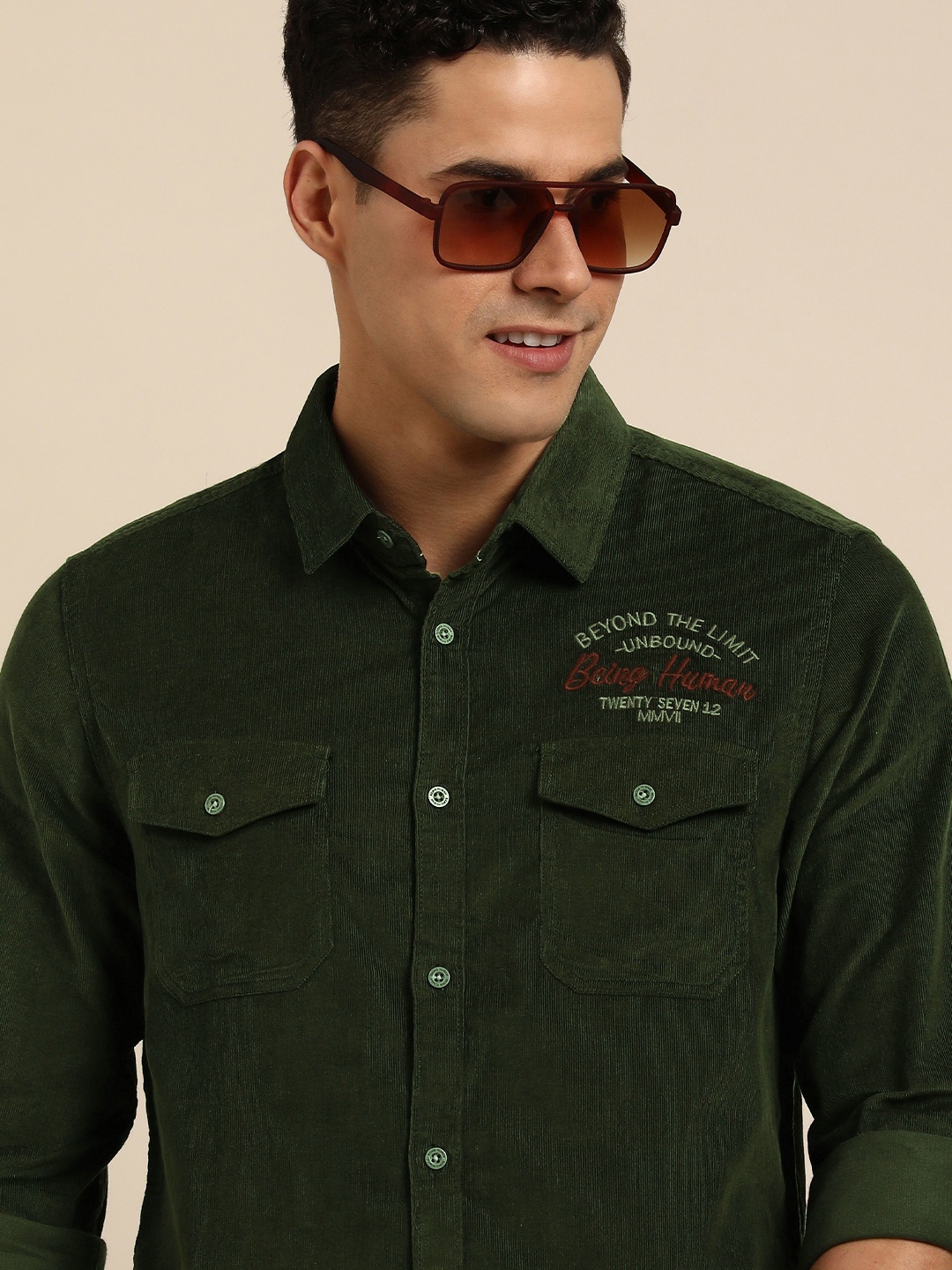 

Being Human Men Embroidered Standard Slim Fit Pure Cotton Casual Shirt, Olive