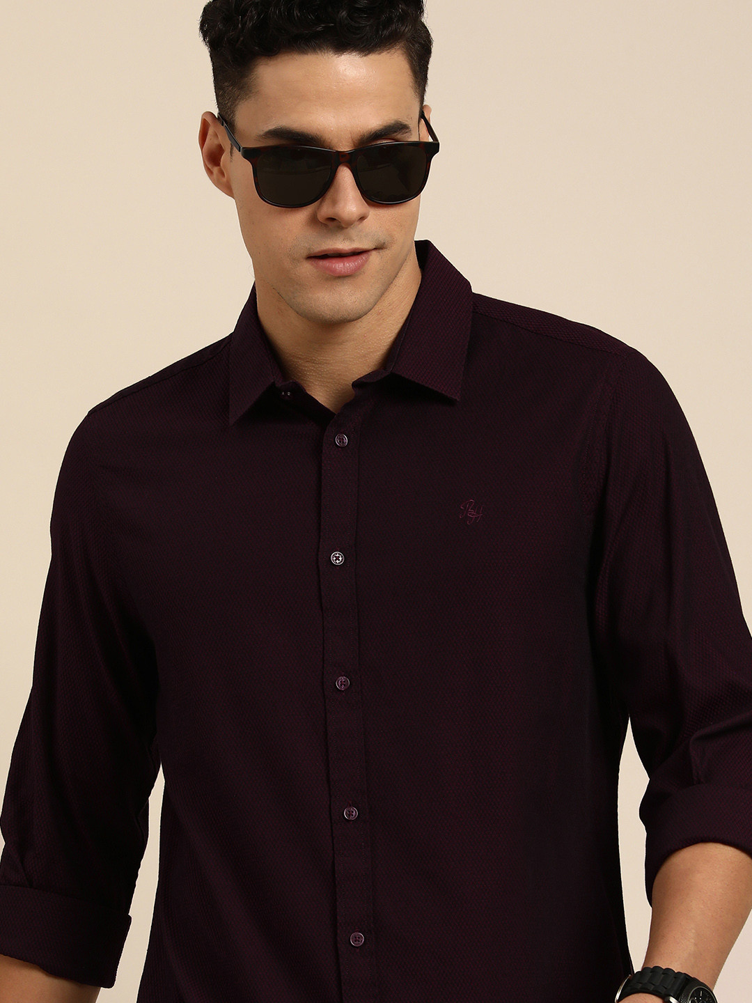 

Being Human Men Self Design Standard Slim Fit Pure Cotton Casual Shirt, Maroon