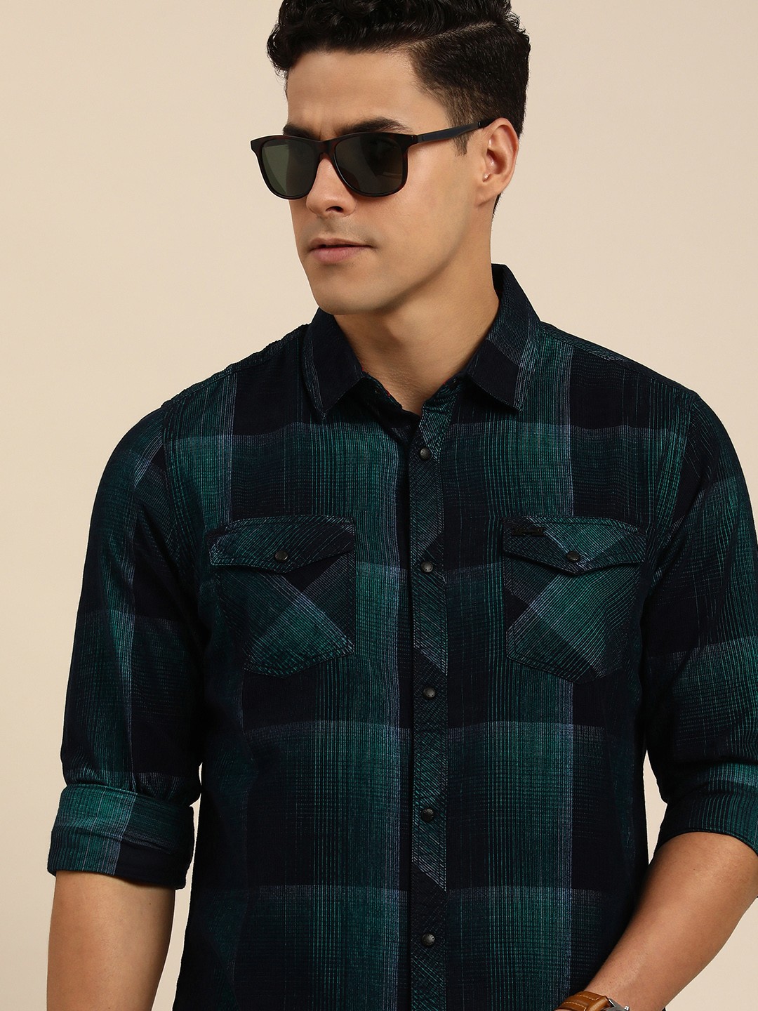 

Being Human Men Standard Slim Fit Checked Pure Cotton Casual Shirt, Green
