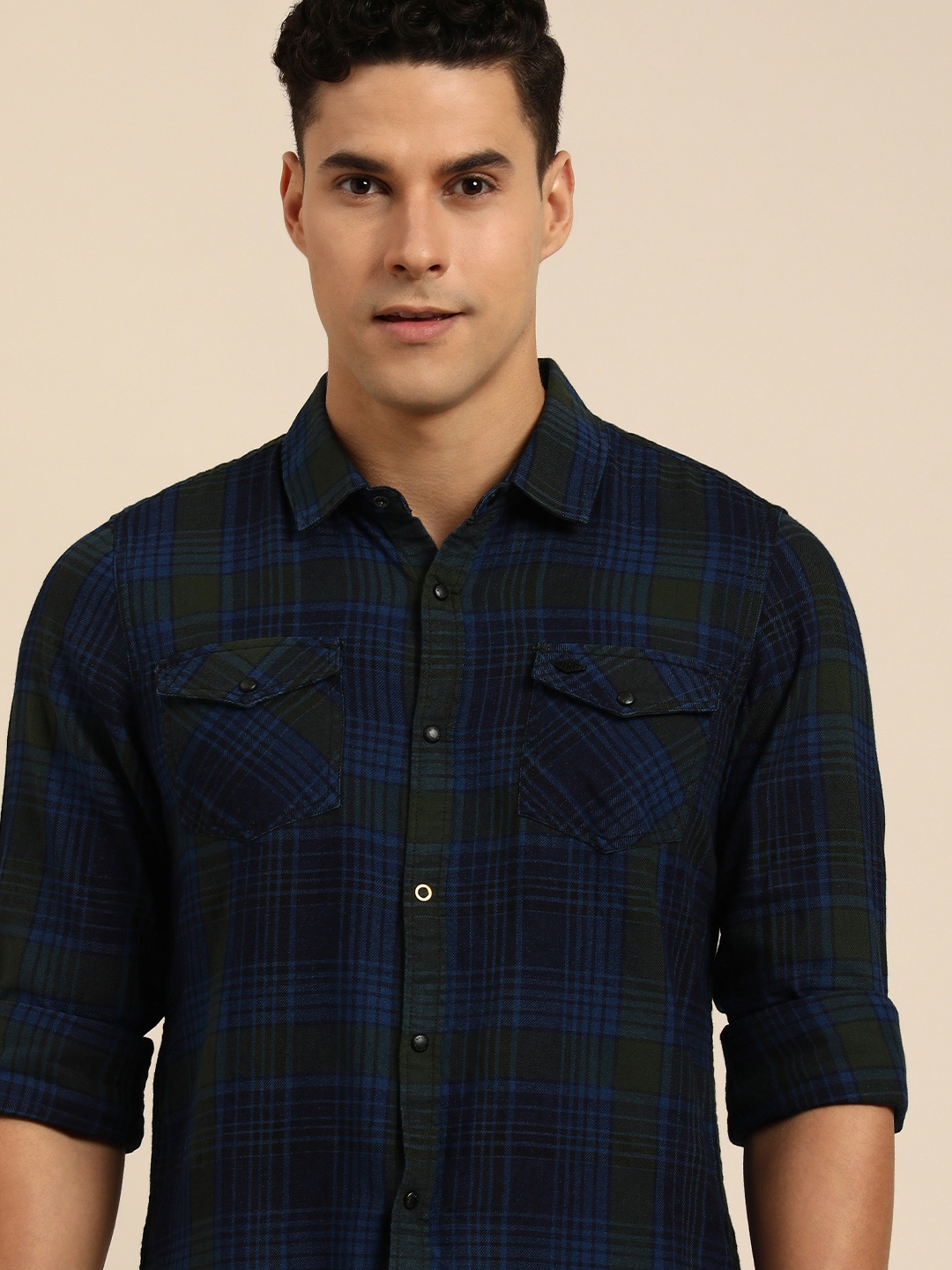 

Being Human Men Standard Slim Fit Checked Pure Cotton Casual Shirt, Blue
