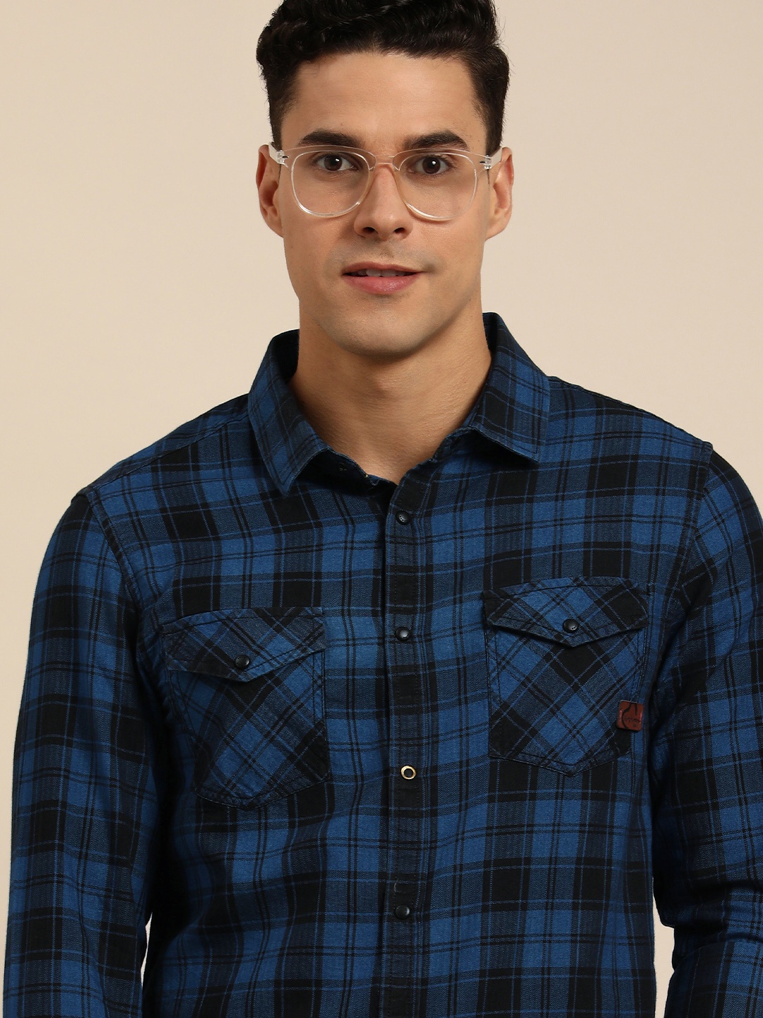 

Being Human Men Standard Slim Fit Checked Pure Cotton Casual Shirt, Navy blue