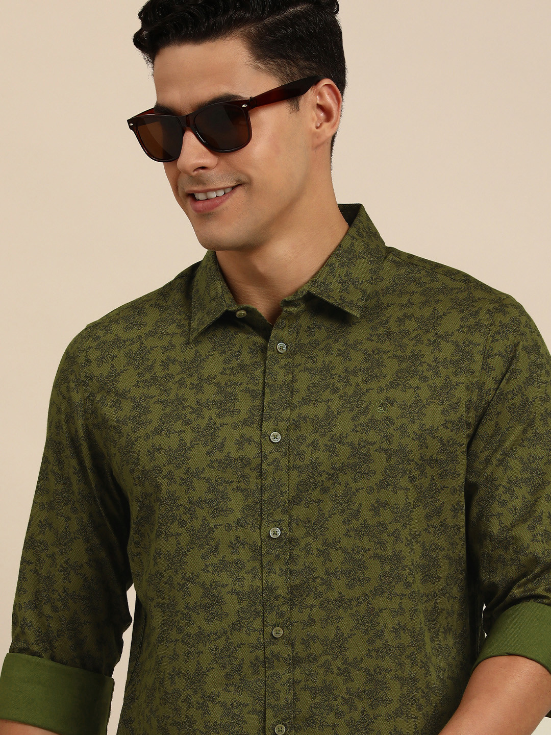 

Being Human Men Standard Slim Fit Floral Printed Pure Cotton Casual Shirt, Olive