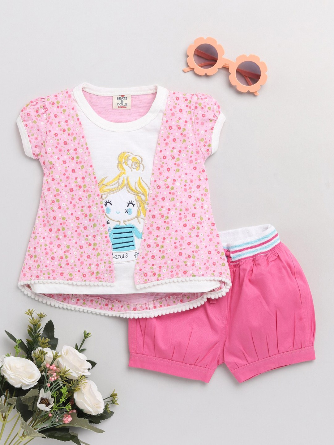 

BRATS AND DOLLS Girls Pink & White Printed Layered Top with Shorts
