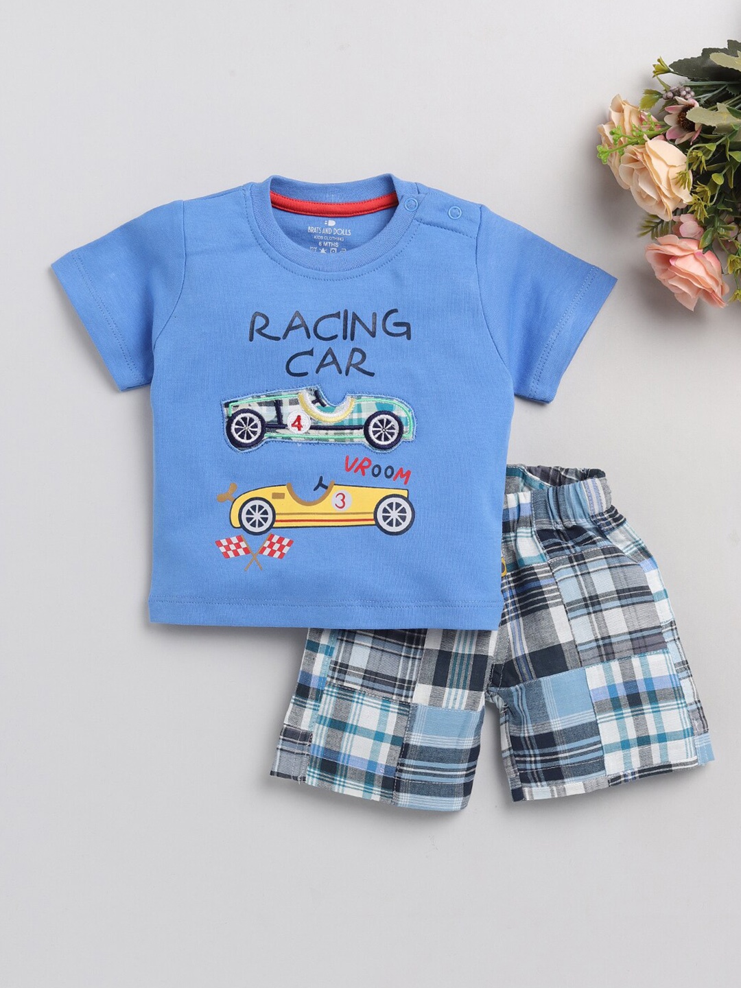 

BRATS AND DOLLS Boys Blue & White Embellished T-shirt with Shorts