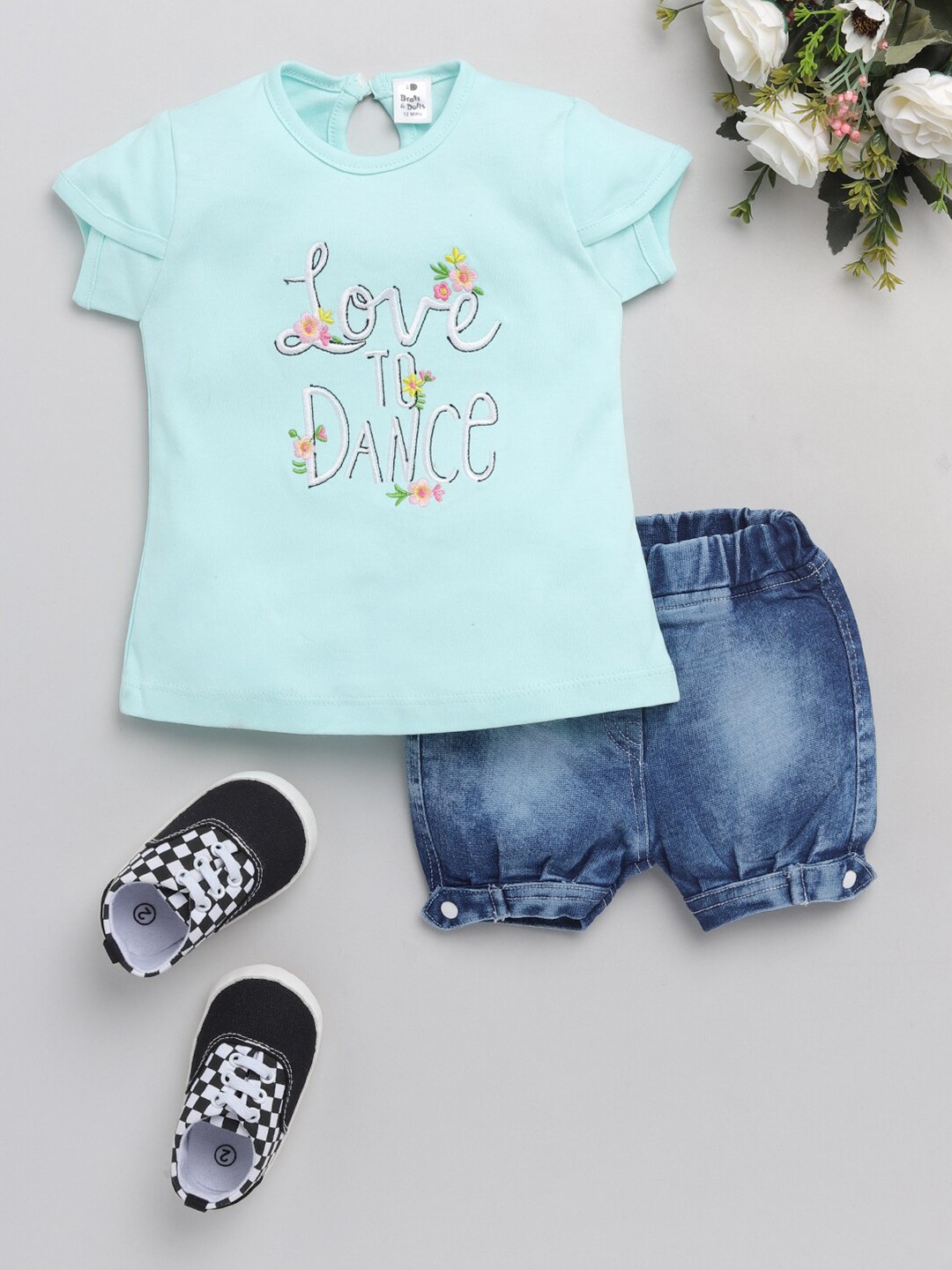 

BRATS AND DOLLS Girls Turquoise Blue & Blue Printed T-shirt with Shorts