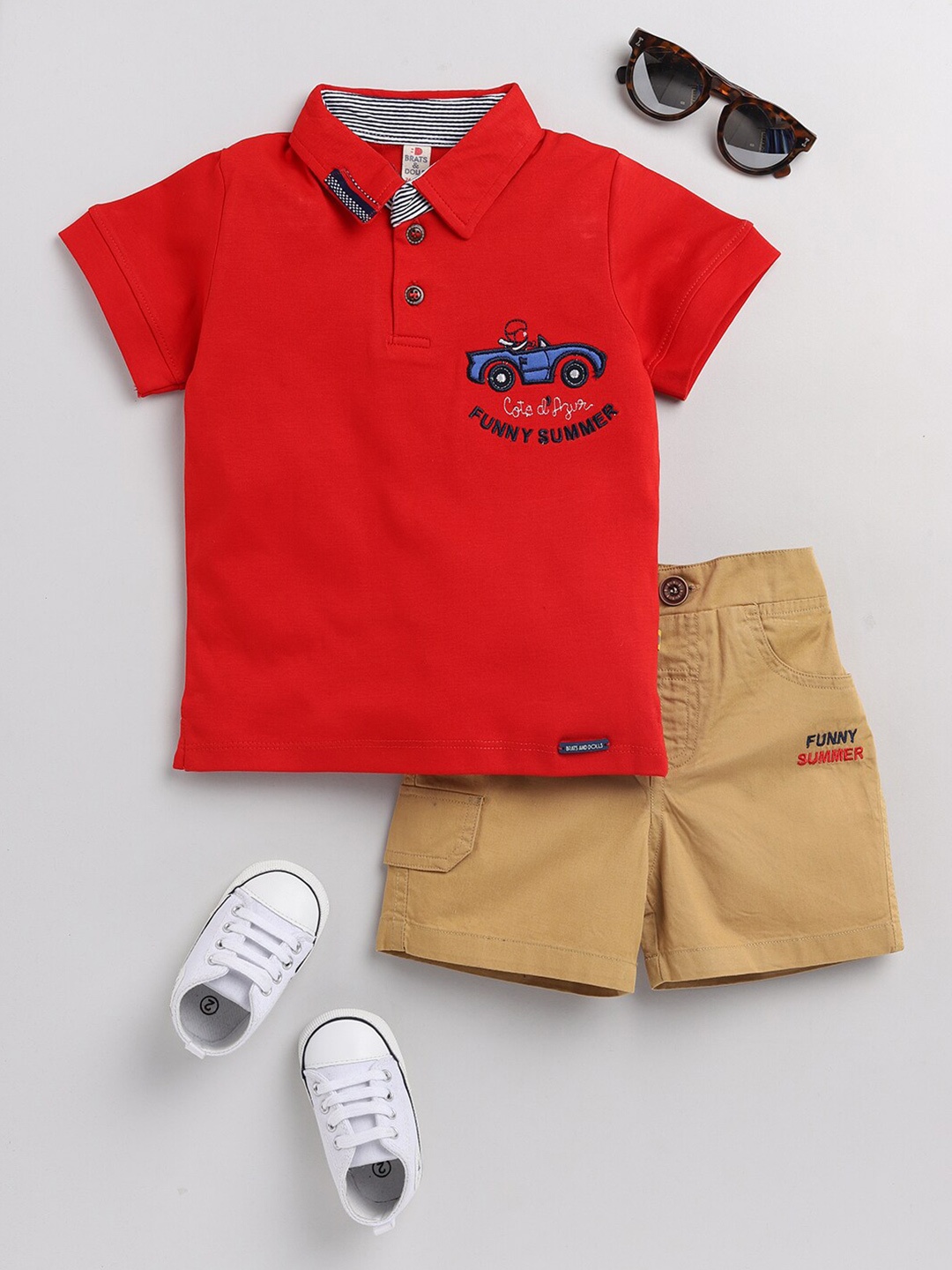 

BRATS AND DOLLS Boys Red & Camel Brown Embellished T-shirt and Shirt with Shorts