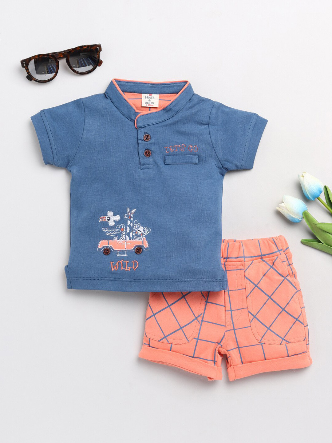 

BRATS AND DOLLS Boys Blue & Orange Printed T-shirt with Shorts