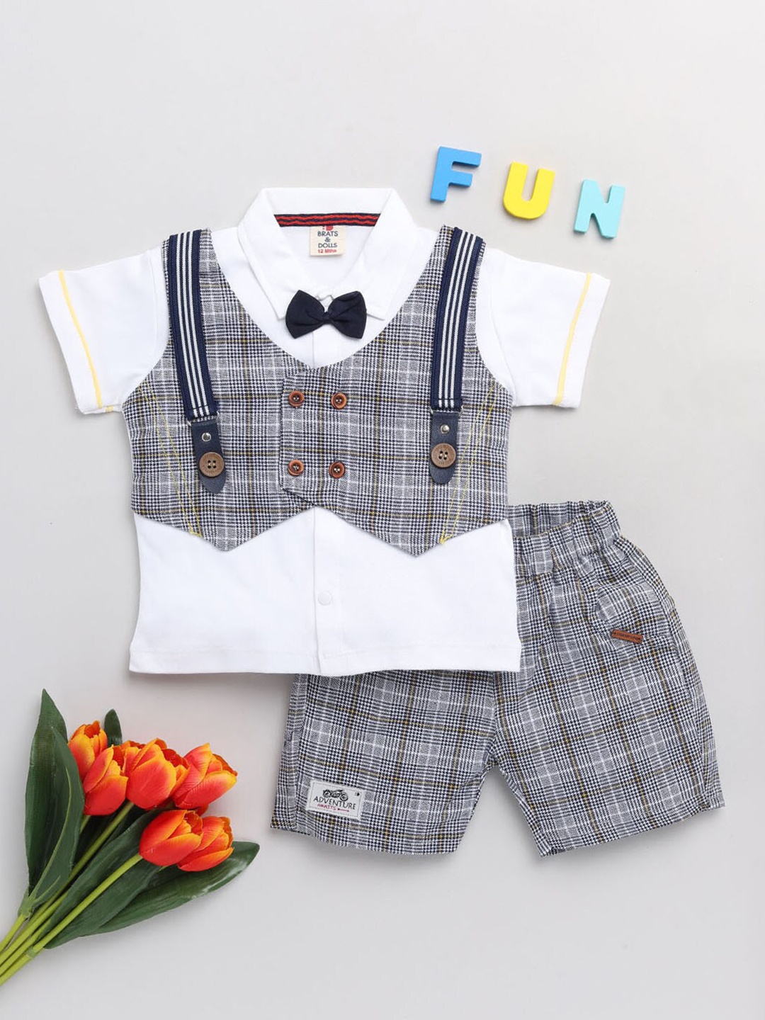 

BRATS AND DOLLS Boys White & Grey Checked Shirt with Shorts