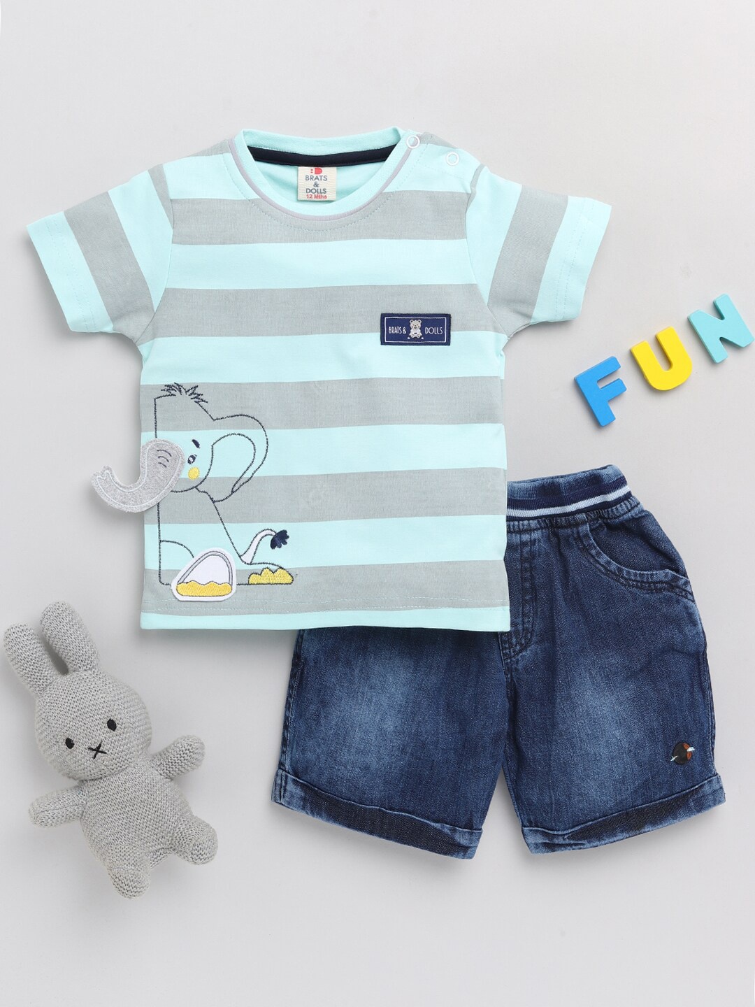 

BRATS AND DOLLS Boys Sea Green & Navy Blue Striped T-shirt with Shorts