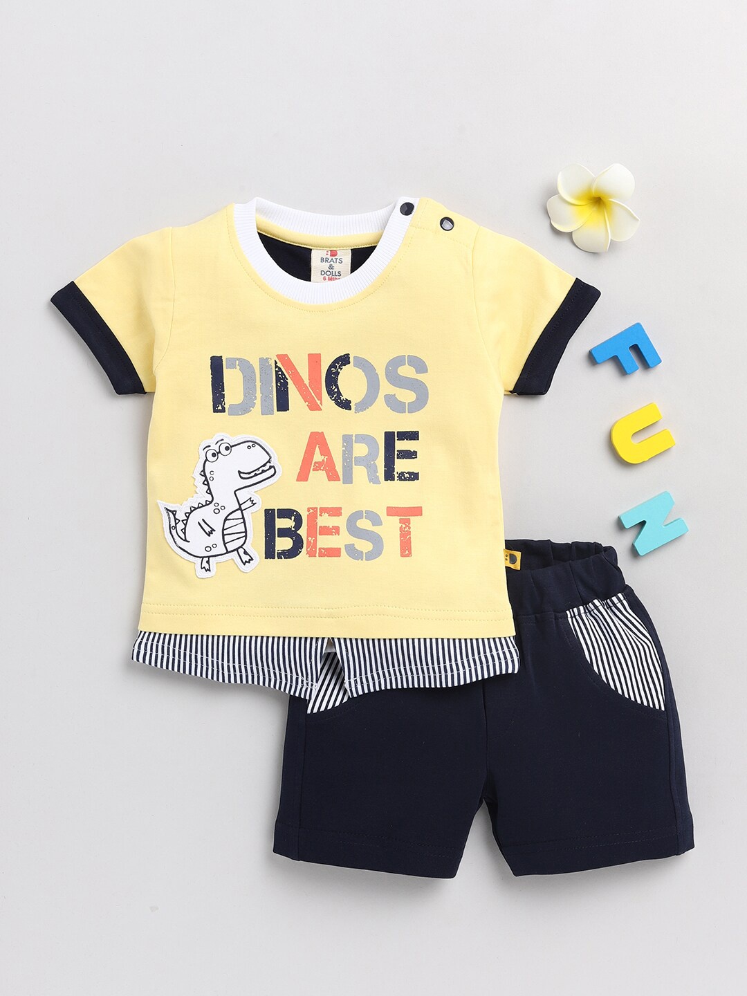 

BRATS AND DOLLS Boys Yellow & Navy Blue Printed T-shirt with Shorts