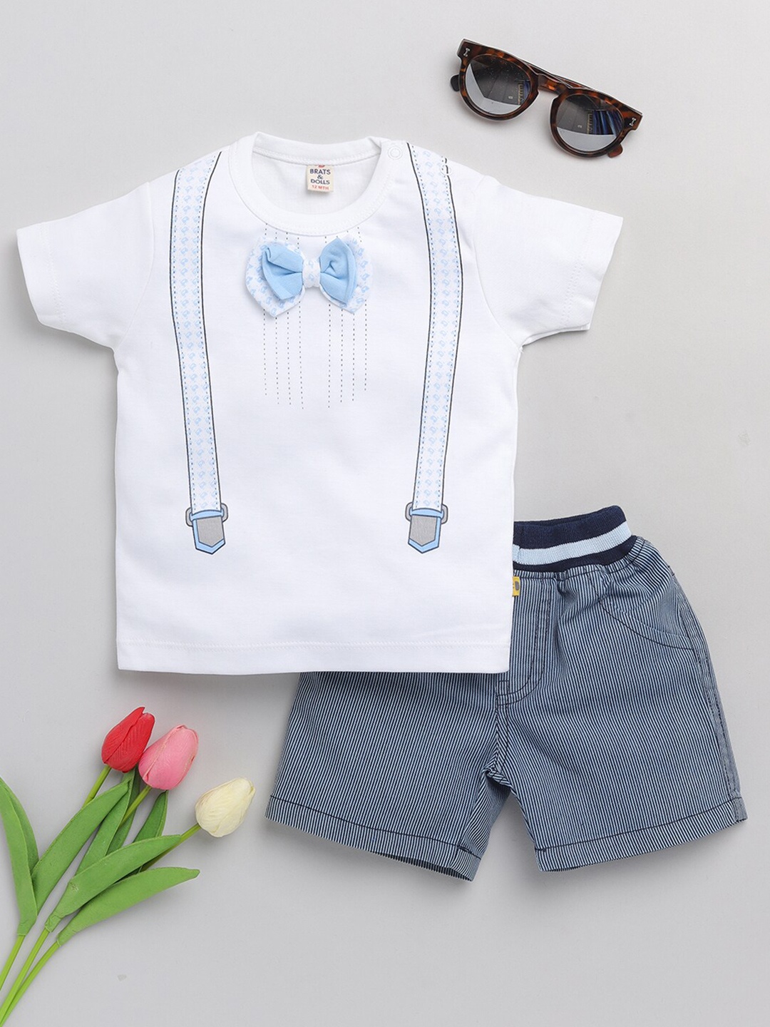 

BRATS AND DOLLS Boys White & Navy Blue Printed T-shirt with Shorts