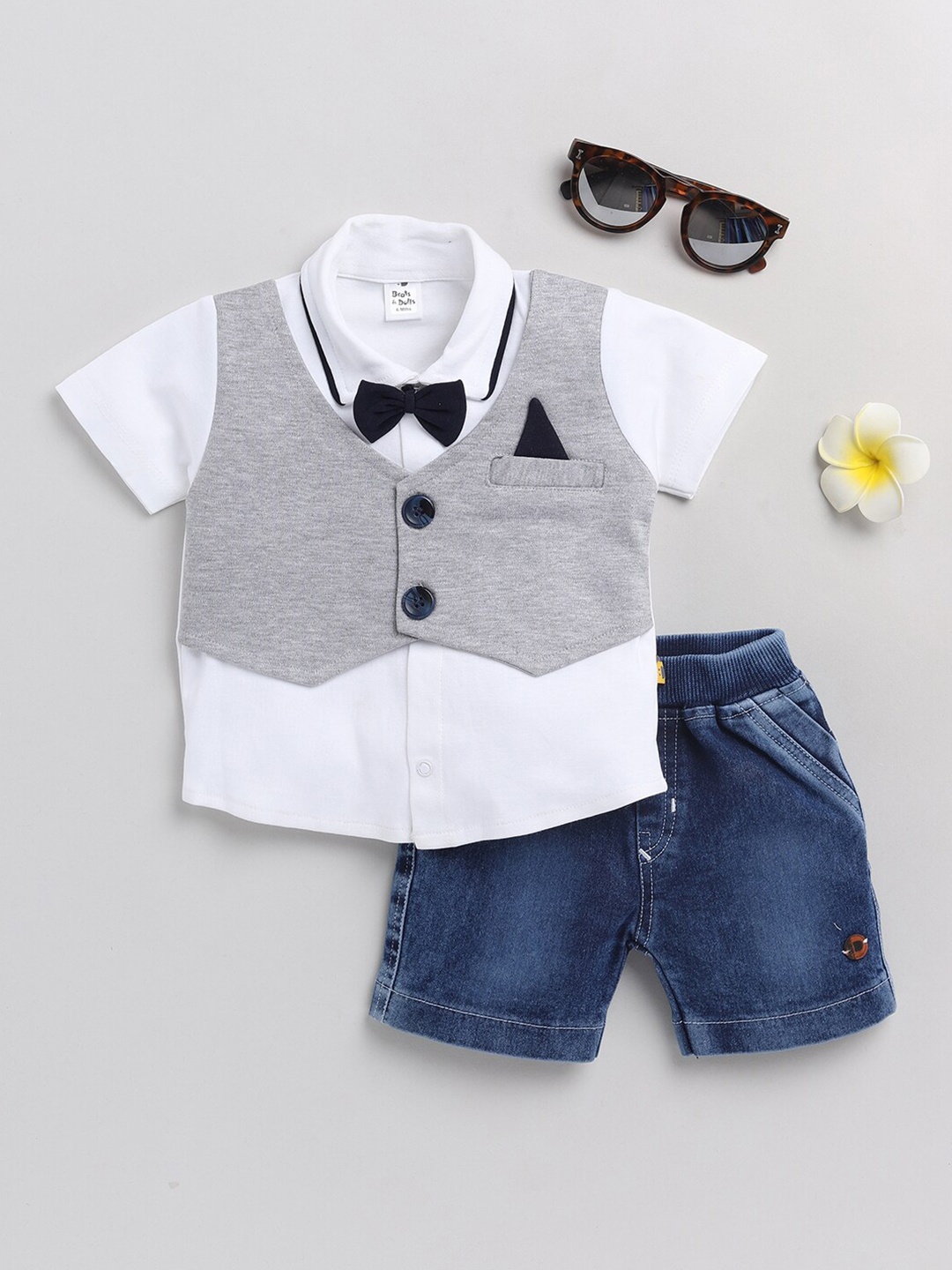 

BRATS AND DOLLS Boys Grey & White Printed Shirt with Shorts