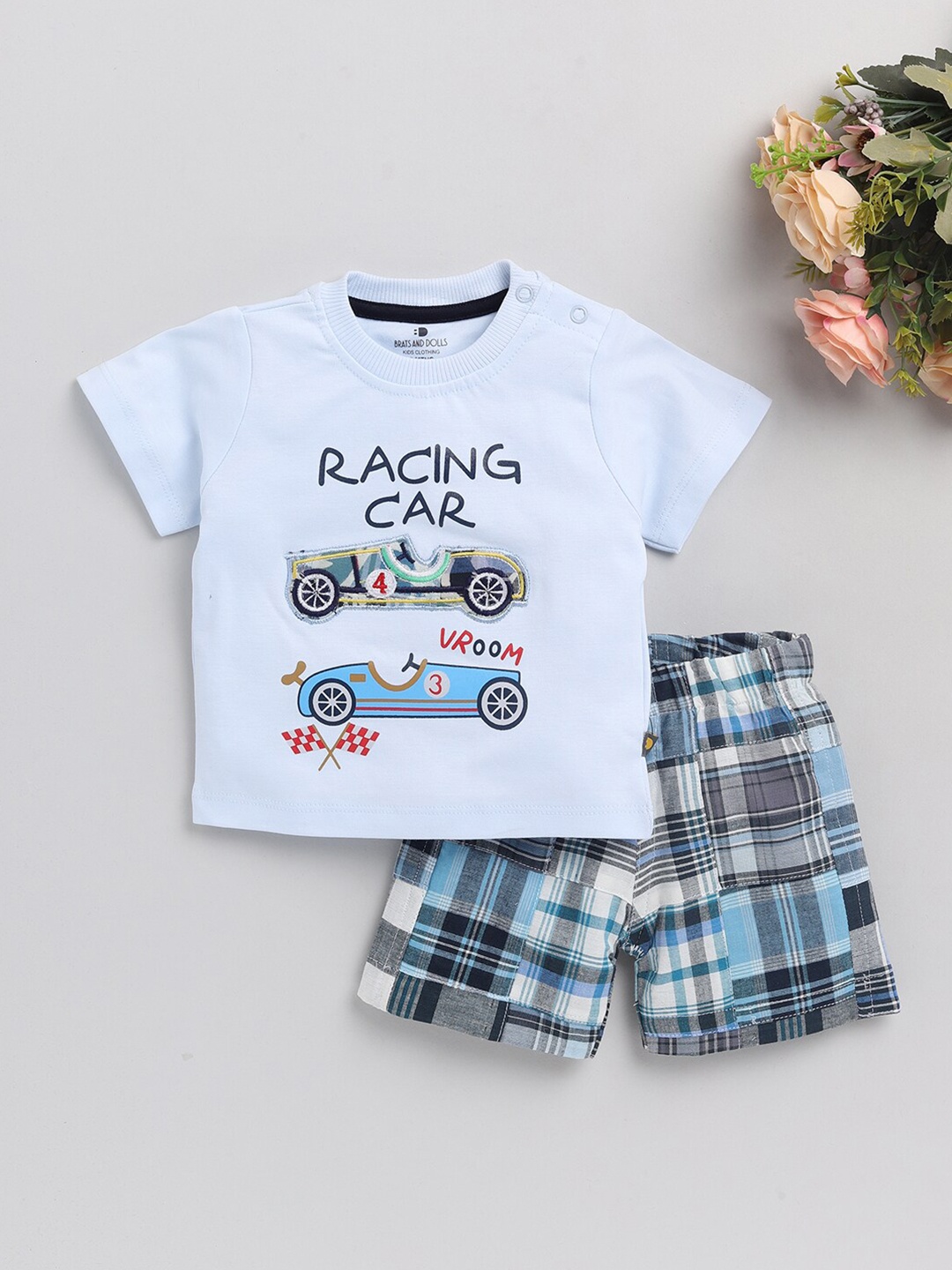 

BRATS AND DOLLS Boys Blue & White Printed T-shirt with Shorts