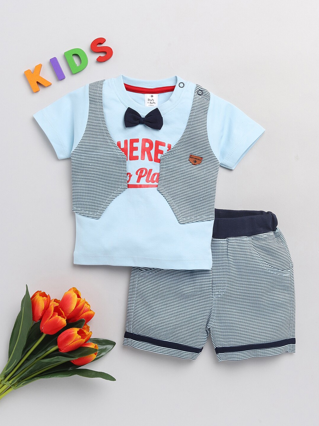 

BRATS AND DOLLS Boys Blue & Navy Blue Printed T-shirt with Shorts