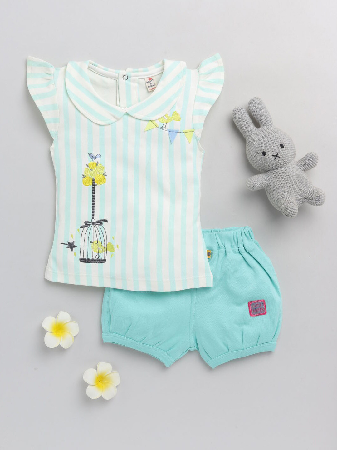 

BRATS AND DOLLS Girls Turquoise Blue & Off White Striped Top with Shorts
