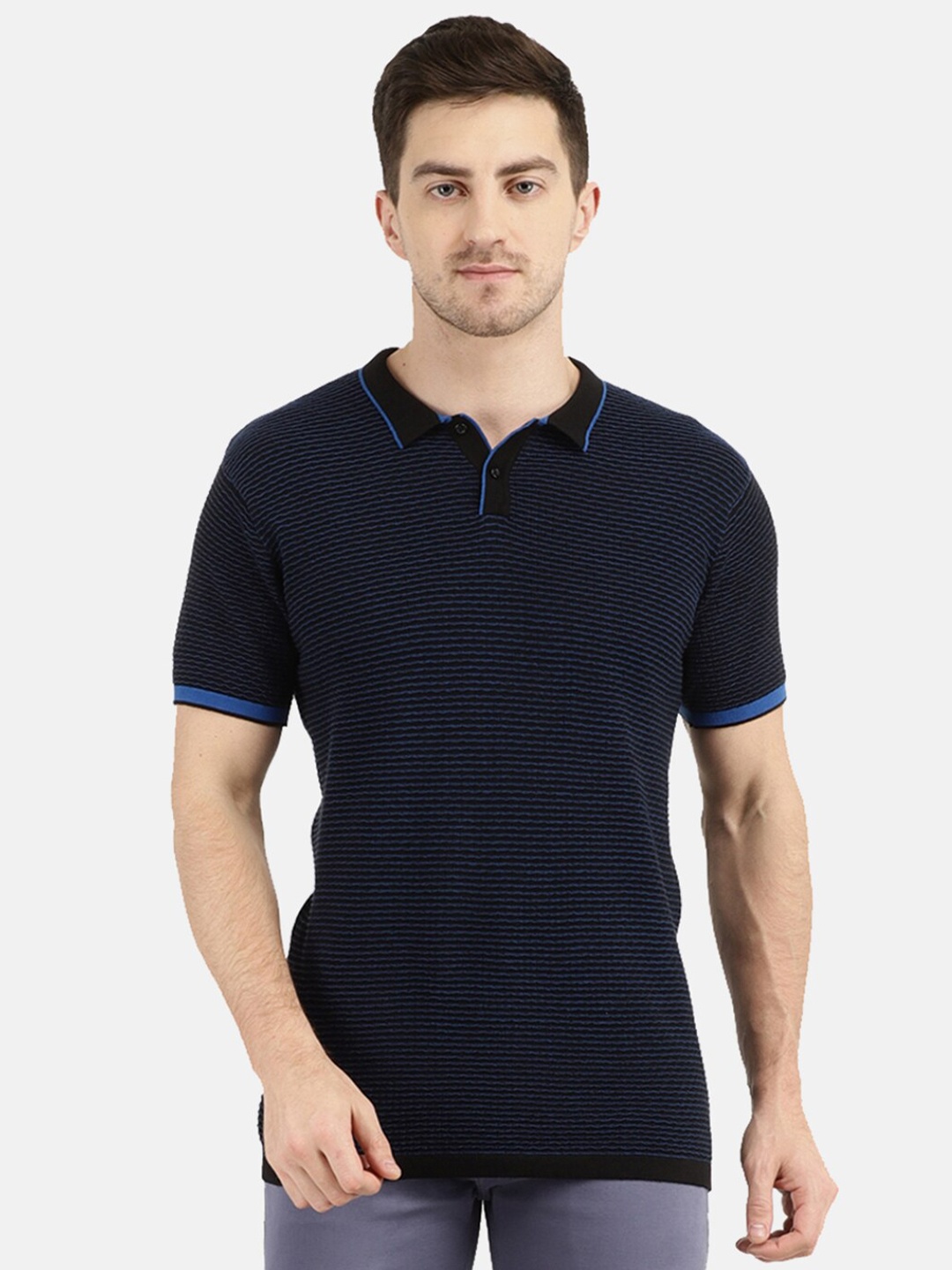 

V-Mart Men Blue Striped Polo Collar Slim Fit Cotton T-shirt