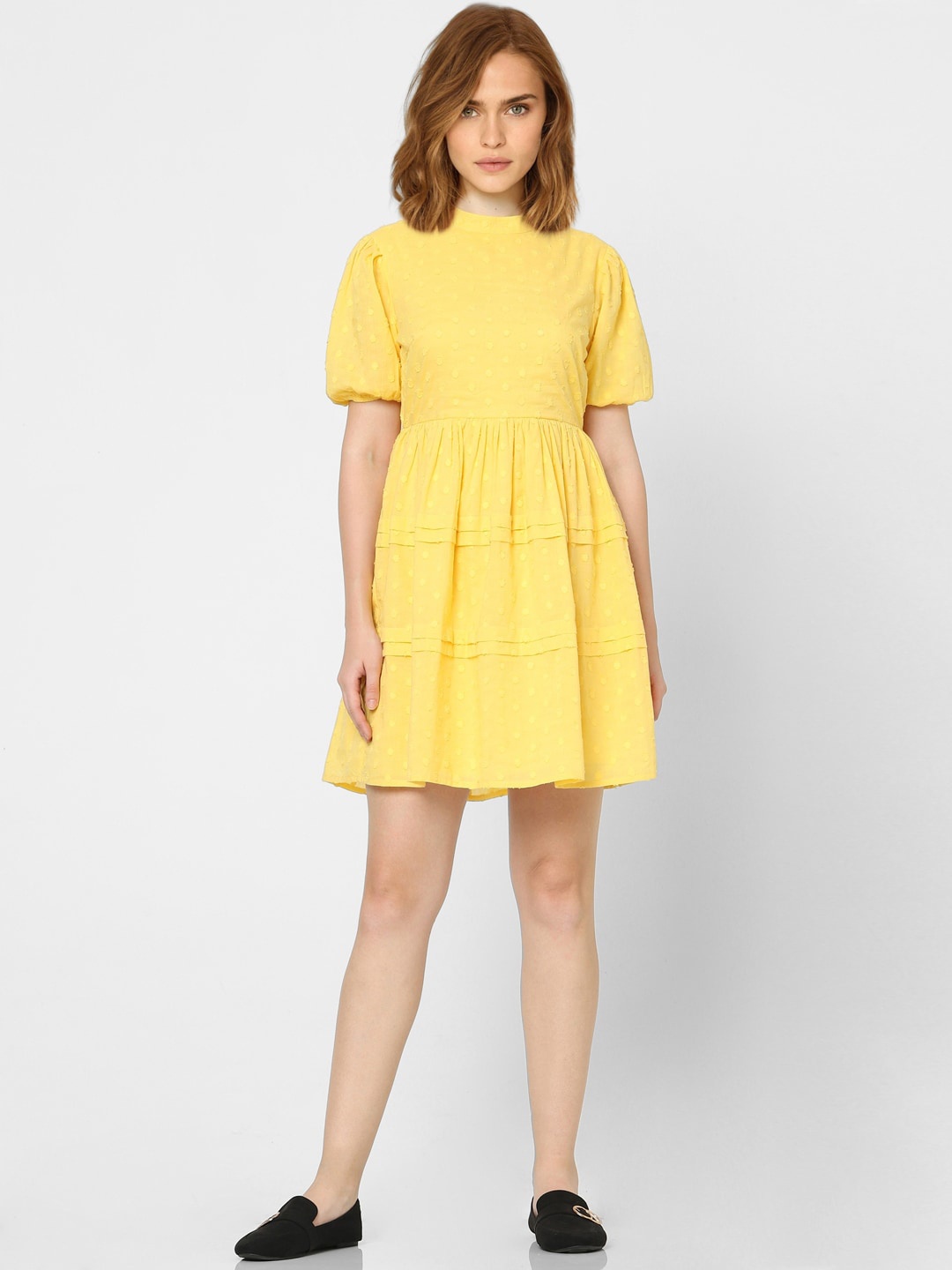 

Vero Moda Yellow Self Design Tiered Cotton Fit & Flare Dress