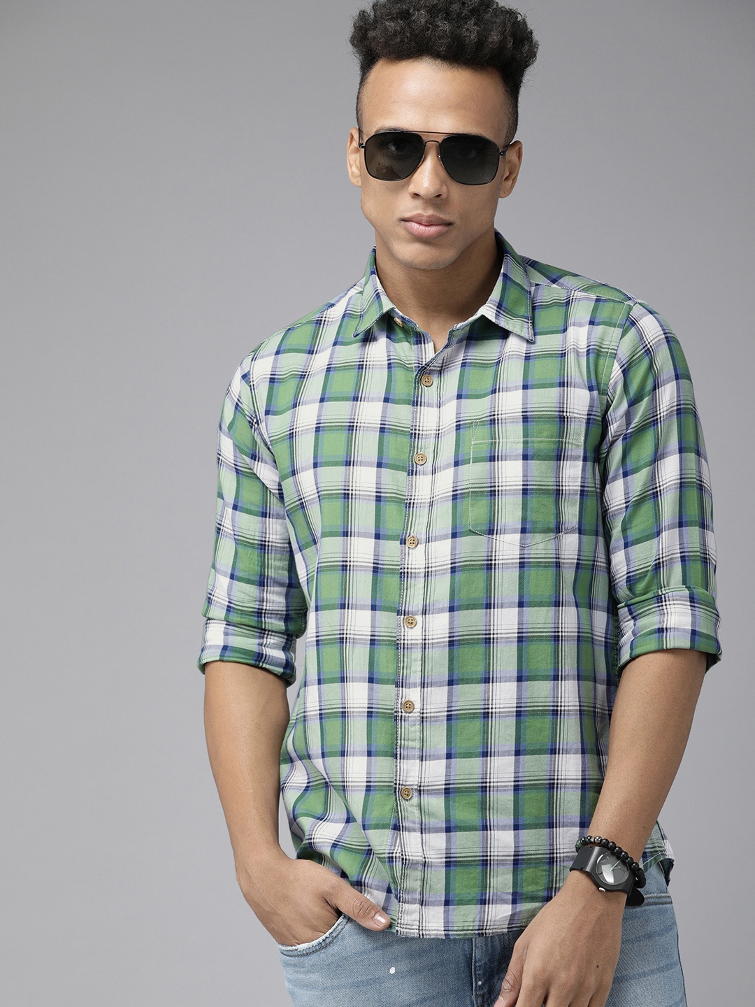 

Pepe Jeans Men Green Tartan Checked Pure Cotton Casual Shirt