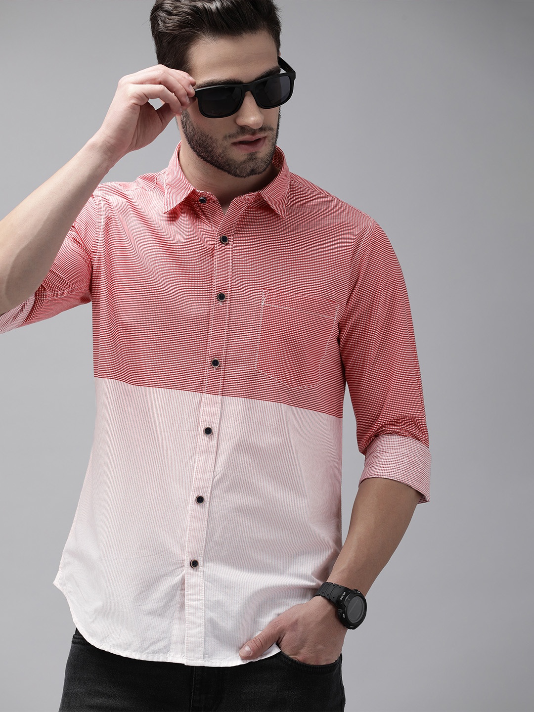 

Pepe Jeans Men Red & White Colourblocked Pure Cotton Casual Shirt