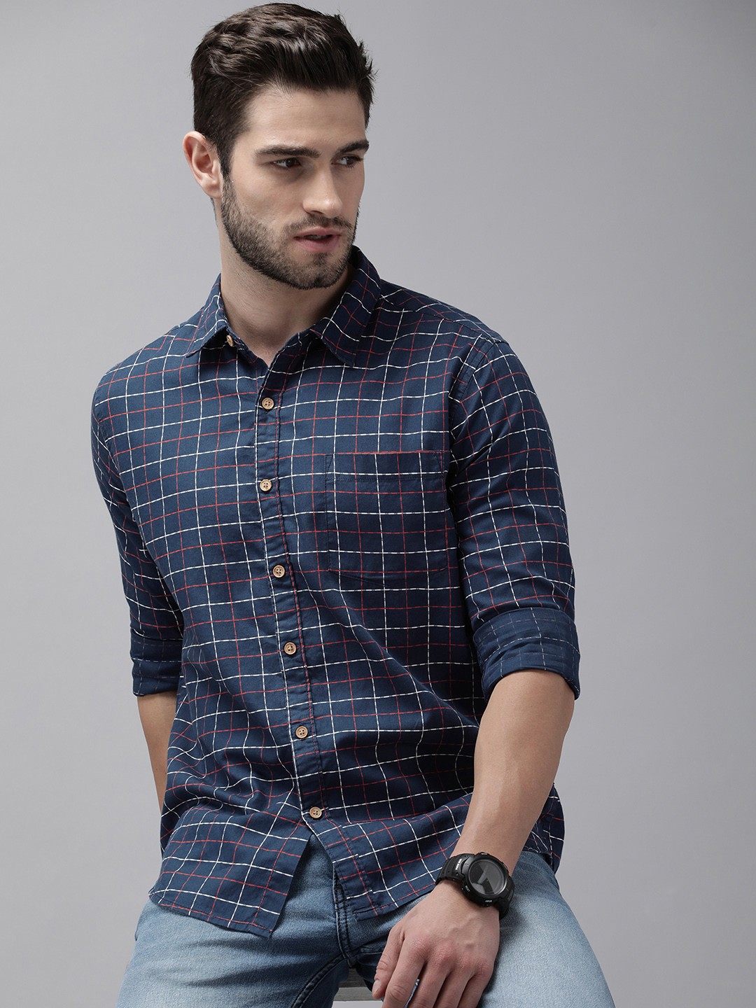 

Pepe Jeans Men Navy Blue & White Checked Pure Cotton Casual Shirt