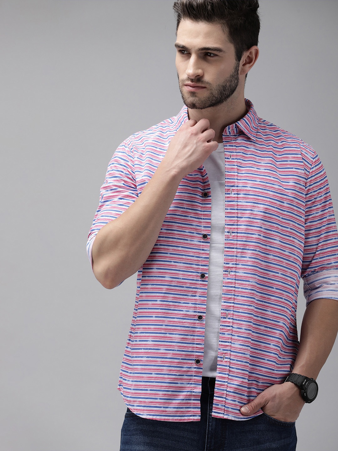 

Pepe Jeans Men Pink & Blue Striped Pure Cotton Casual Shirt