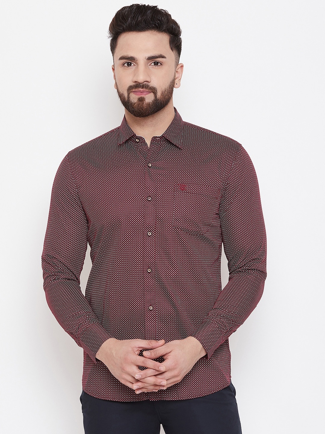 

Duke Men Maroon & White Slim Fit Polka Dots Printed Cotton Casual Shirt