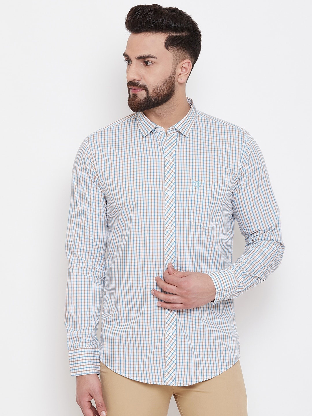 

Duke Men White & Blue Micro Checked Cotton Slim Fit Casual Shirt