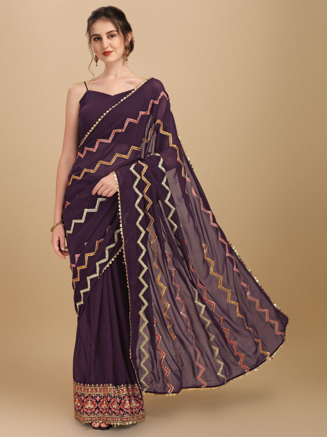 

Inddus Purple & Red Embellished Sequinned Saree