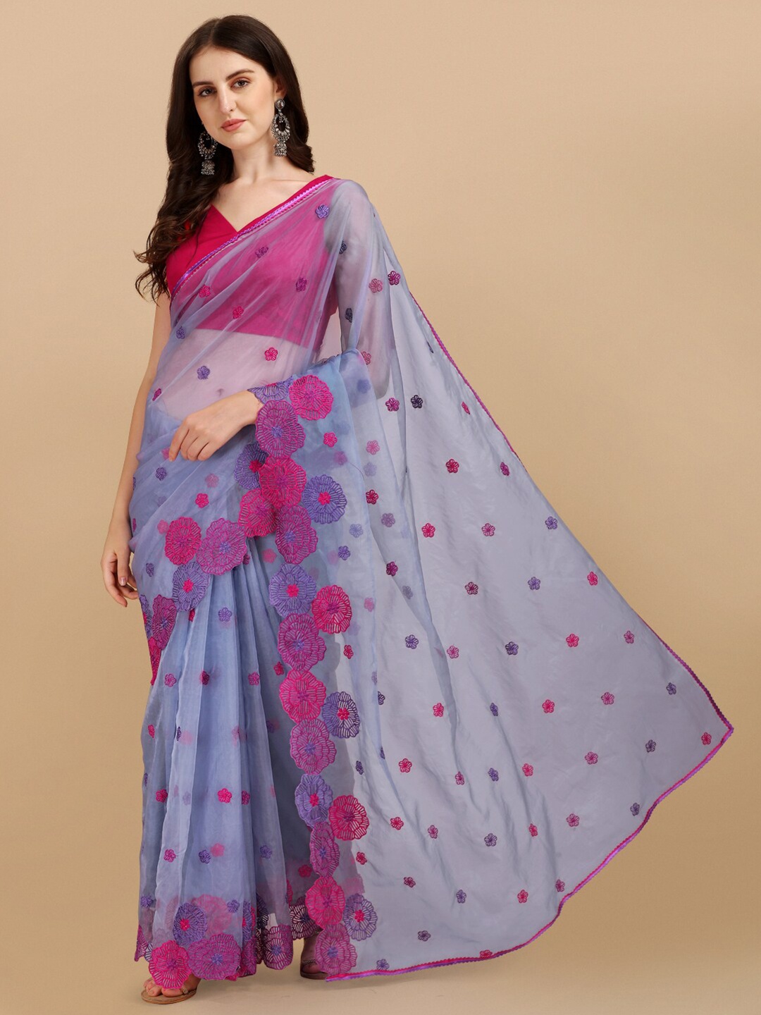 

Inddus Purple & Red Floral Embroidered Organza Saree