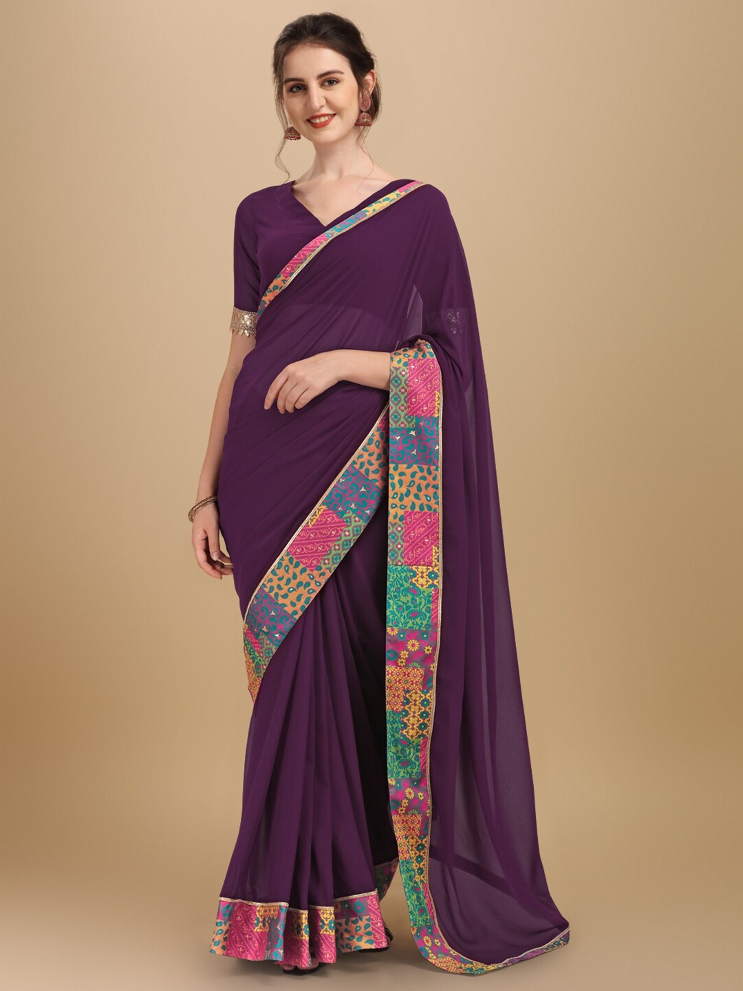 

Inddus Purple & Pink Woven Design Saree
