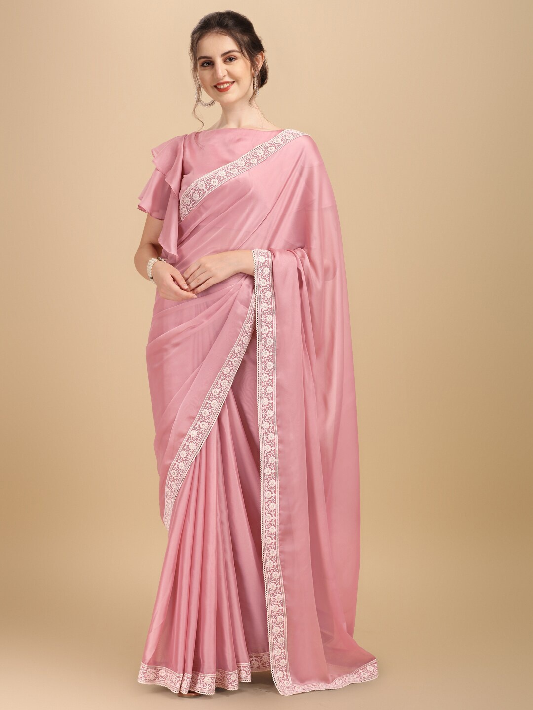 

Inddus Pink & White Silk Embroidered Blend Saree