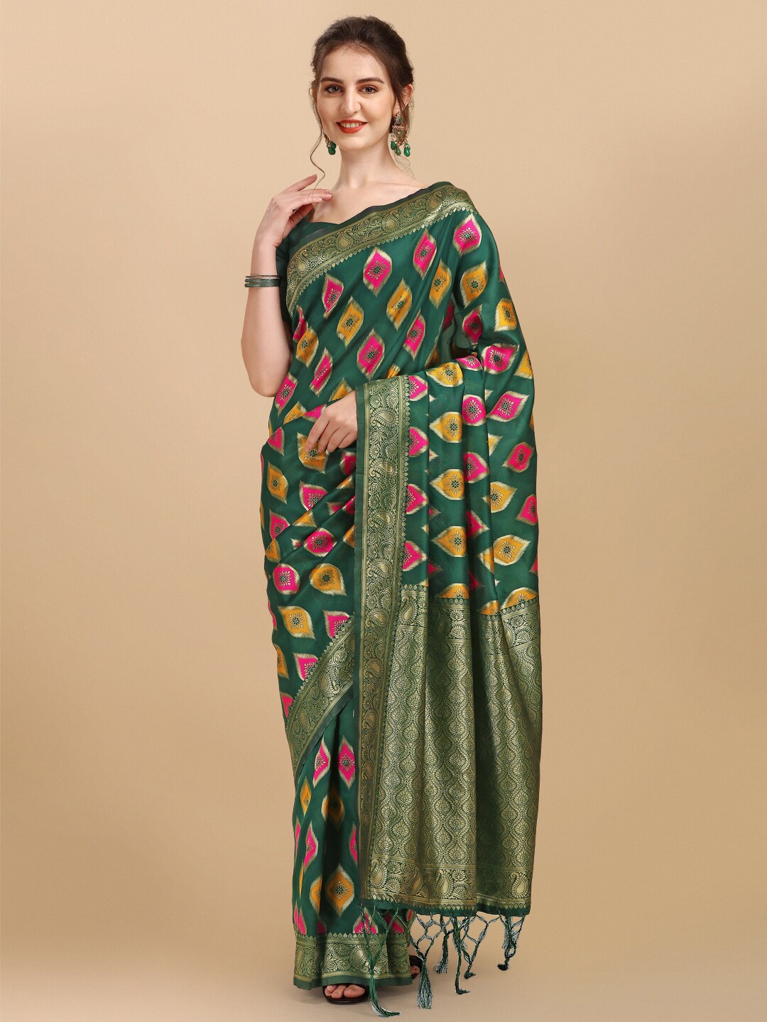 

Inddus Green & Pink Ethnic Motifs Zari Silk Blend Saree