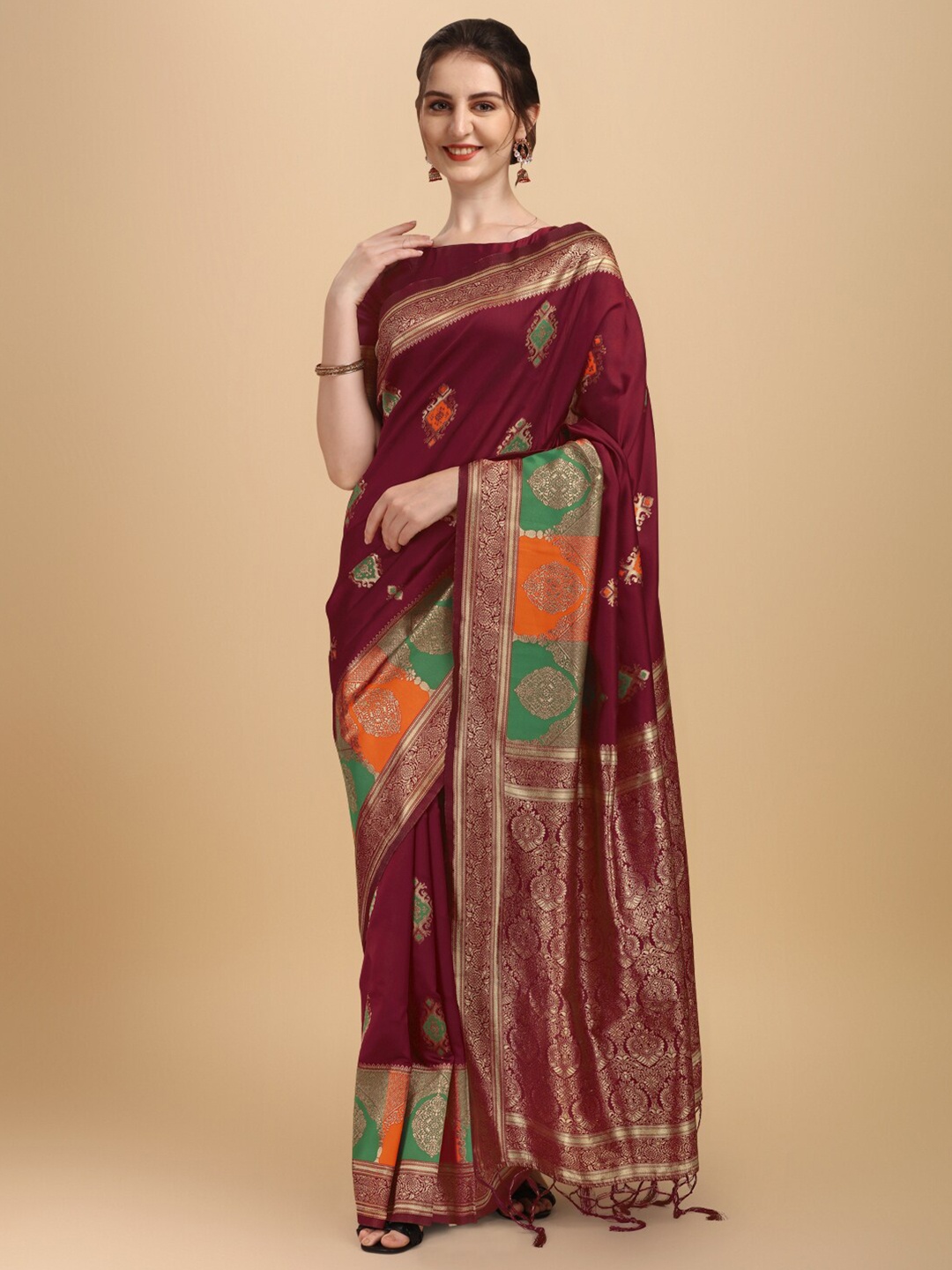 

Inddus Maroon & Gold-Toned Ethnic Motifs Woven Design Silk Blend Saree