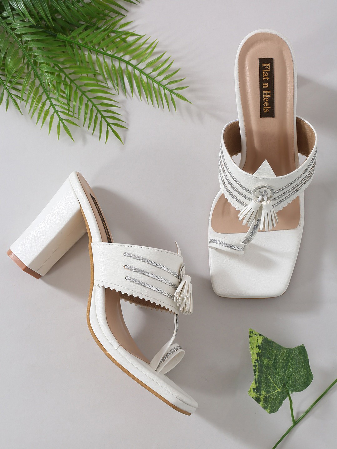 

Flat n Heels White Block Sandals with Tassels
