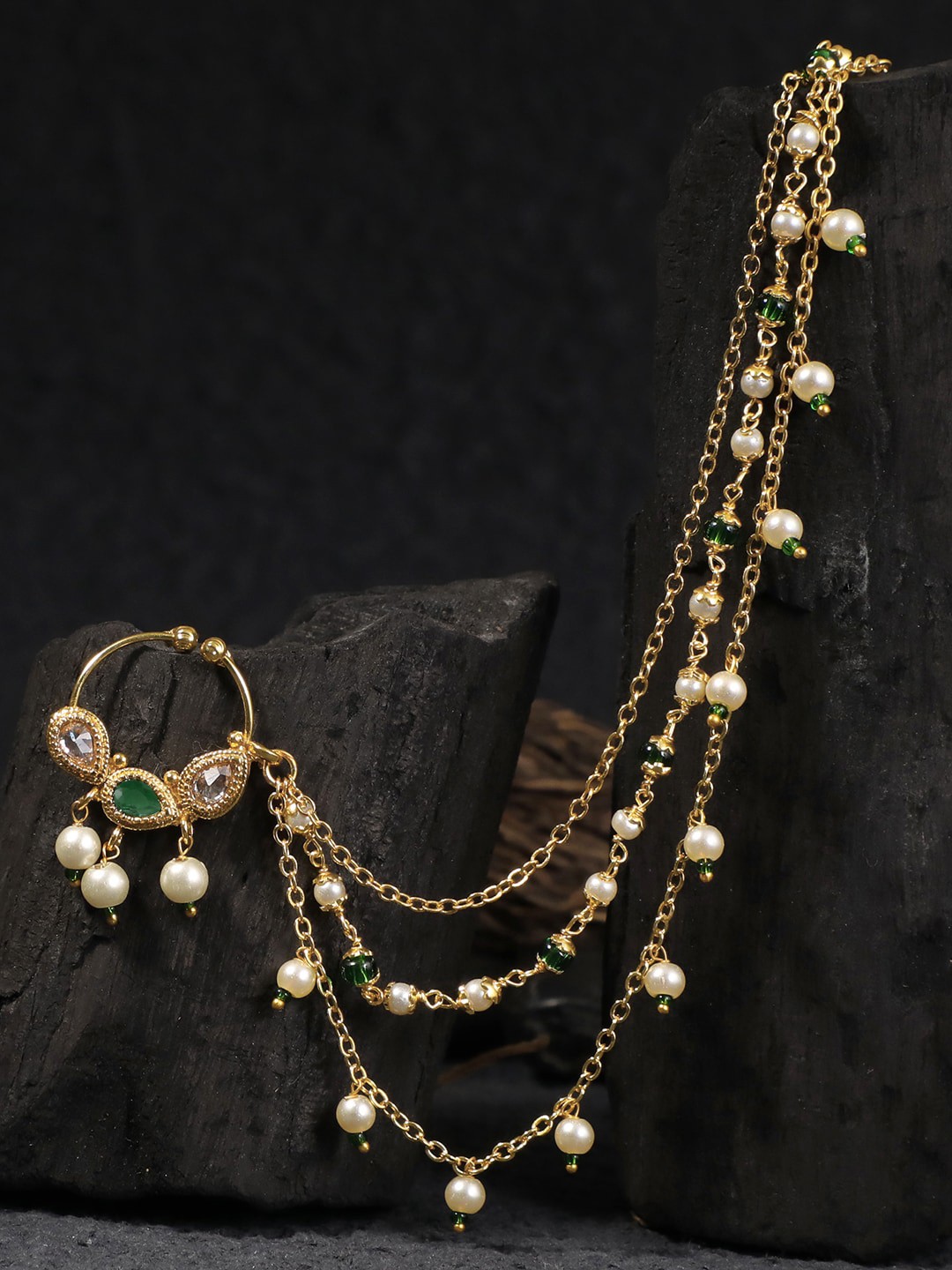 

Adwitiya Collection Gold-Plated Green Stone-Studded & Beaded Chained Nose Ring