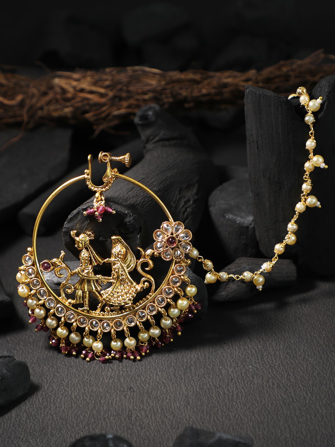 

Adwitiya Collection Women Gold-Plated Antique Stone-Studded Chained Nose Pin