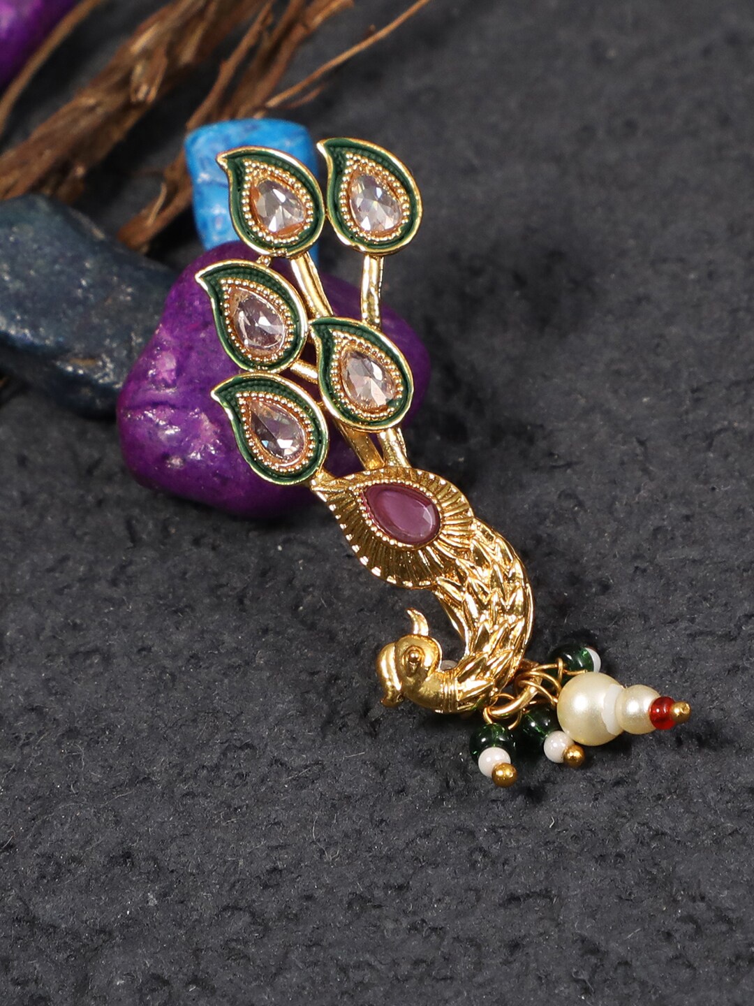 

Adwitiya Collection Gold-Plated Marathi Peacock Stone-Studded Clip-On Nose Pin