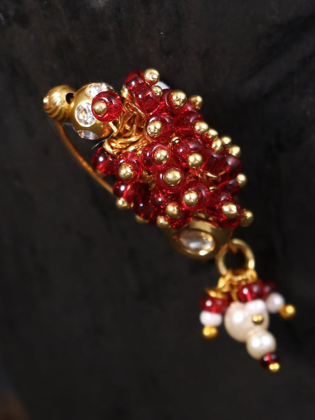 

Adwitiya Collection Gold-Plated & Red Stone Studded & Beaded Stud Nose Pin