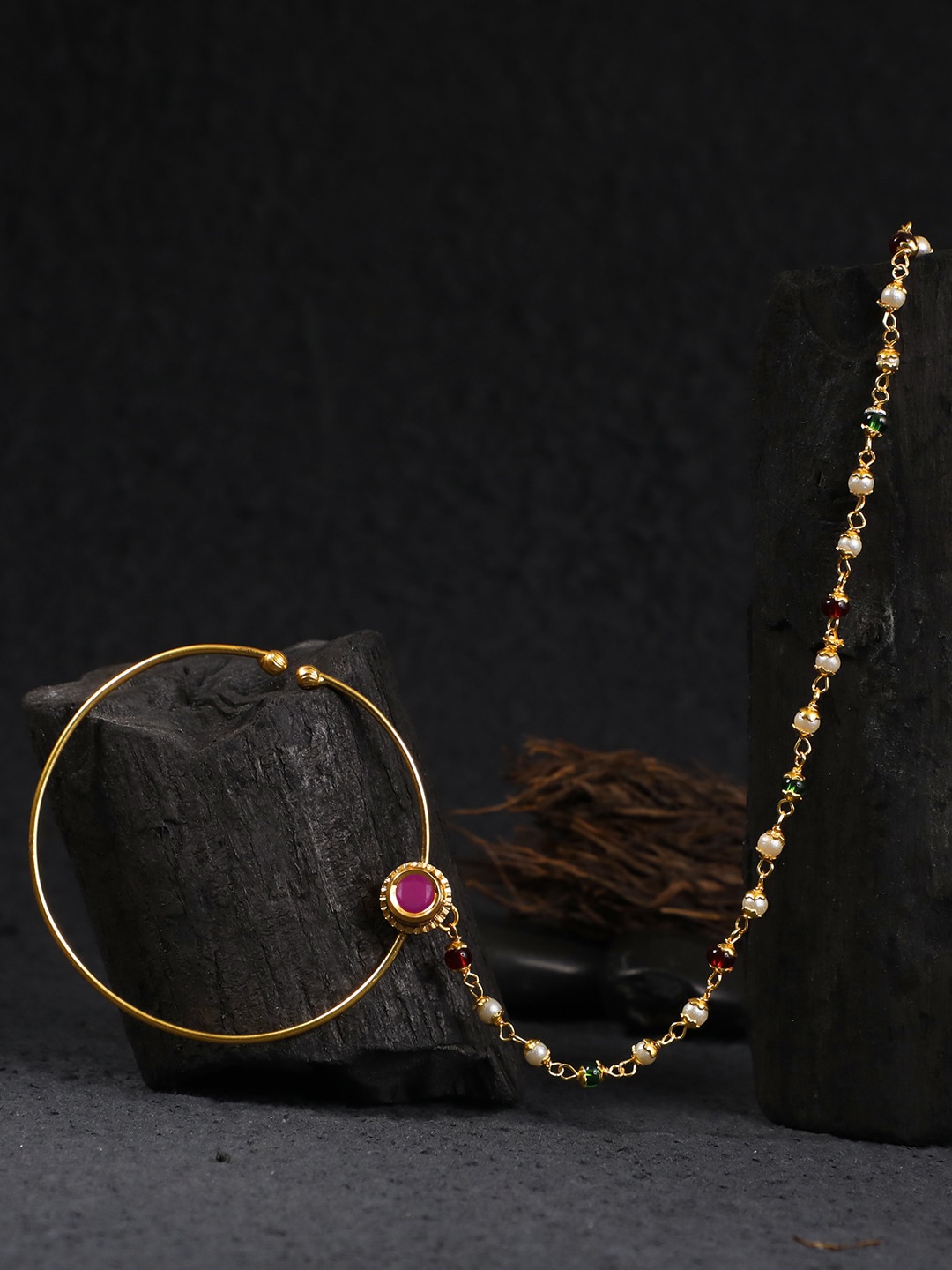 

Adwitiya Collection Women 24KT Gold-Plated & Red Stone Studded Nose Ring with Chain