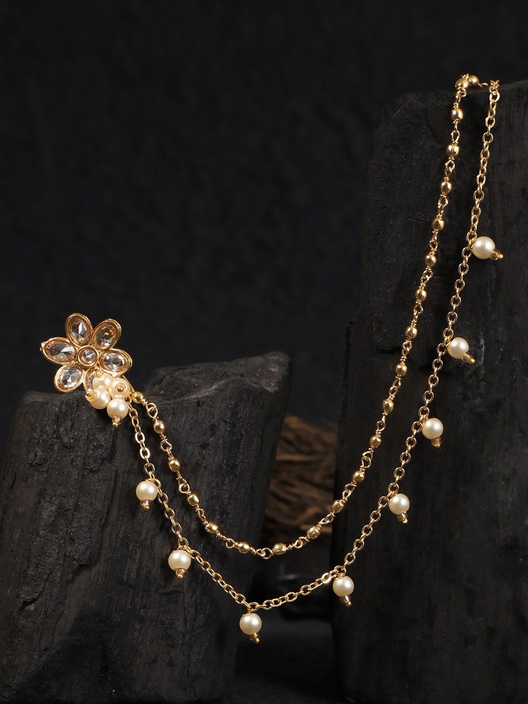 

Adwitiya Collection Women Gold-Plated Stone-Studded Flower Chained Nose Ring