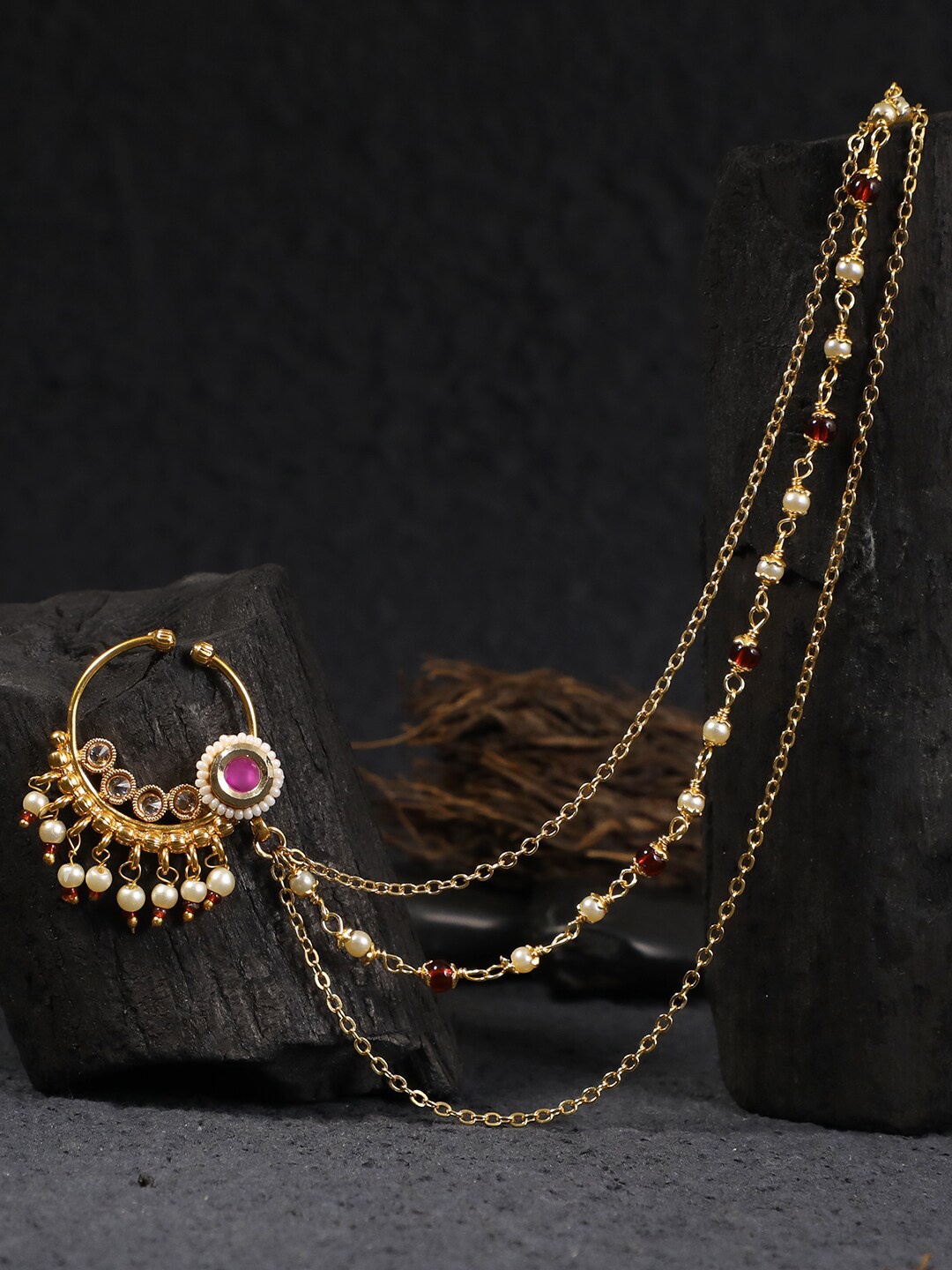 

Adwitiya Collection Gold-Plated White Stone-Studded With Chained Nose Ring