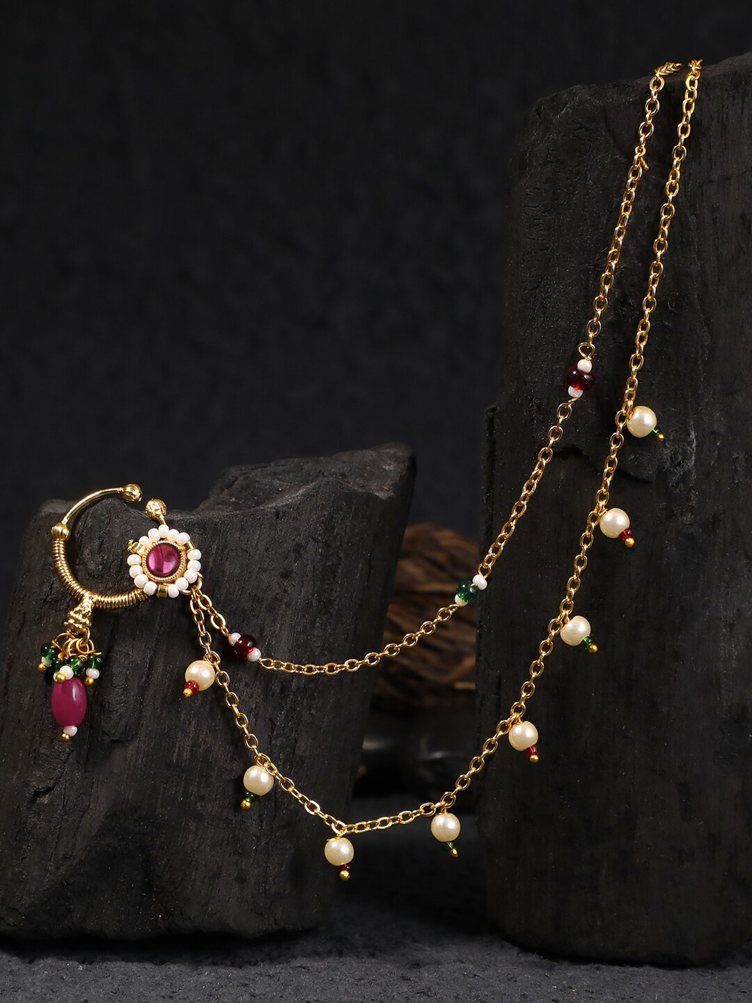 

Adwitiya Collection Red Gold-Plated 24 CT Stone-Studded & Beaded Chain Nose Ring